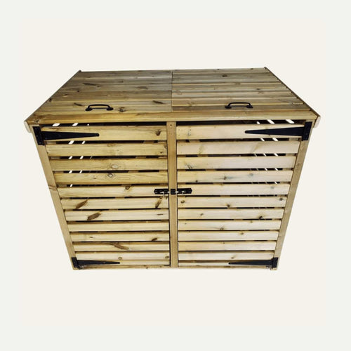 The Bin Store by Bingley Fencing is crafted from pressure-treated timber, featuring a slatted design and a hinged lid. It includes two doors with black metal handles and latches, preserving the woods natural finish.