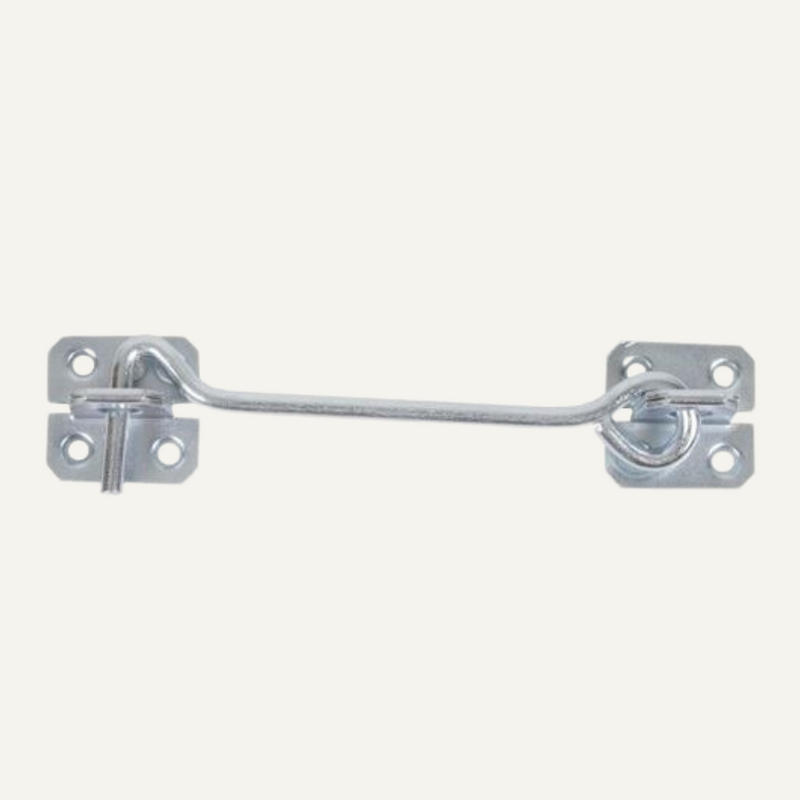 Load image into Gallery viewer, The Henry Shaw Wire Cabin Hook - 8 is a metal latch with a curved hook and two rectangular plates, each featuring four screw holes. Designed for easy installation and secured by a loop on the right plate, it provides reliable security on a white background.