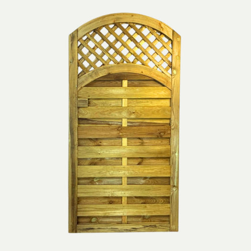 The KDM Arched Lattice Top Euro-Gate (ALTG180) features a natural wood finish, horizontal slats, and an elegant curved top with a lattice design in the upper section.