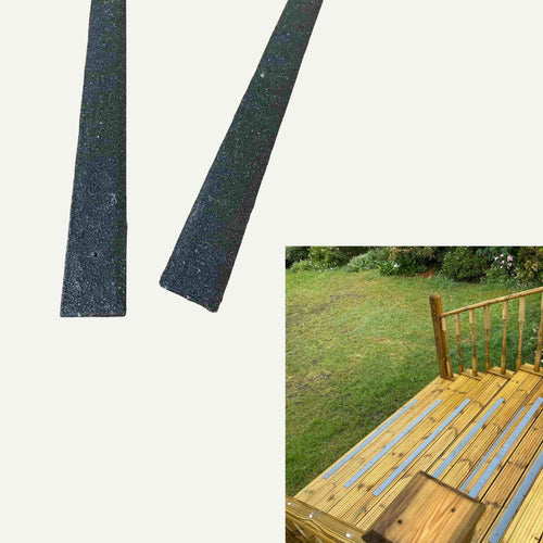 Two Bingley Fencing Anti Slip Decking Strips (1200mm Long, Black) are displayed separately on a white background, with an inset image in the lower right showing them installed on timber decking steps outdoors on a grassy lawn to provide improved grip.