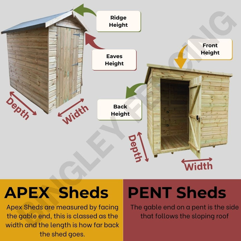 Load image into Gallery viewer, Comparison image of two Bingley Fencing Hobby Sheds: an Apex shed featuring a gabled roof with specified dimensions (width, depth, ridge height, eaves height) and a Pent shed with a sloping roof providing detailed width, depth, and back height. These made-to-order sheds include clear descriptions that explain the distinct roof styles.