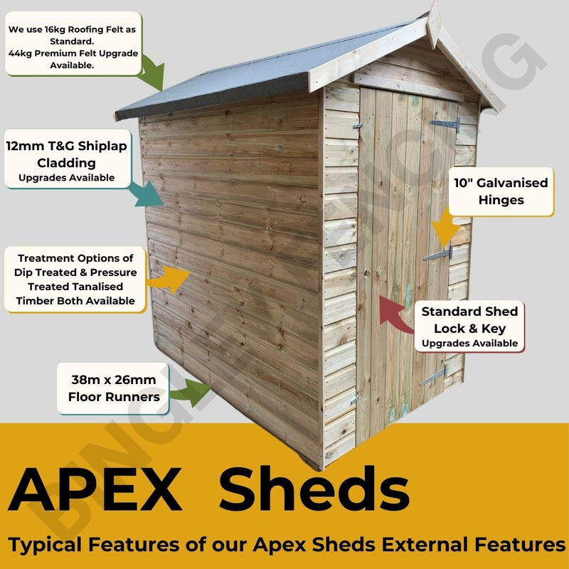 Load image into Gallery viewer, The Shed - Apex Roof by Bingley Fencing features a sloped design with 12mm T&G shiplap cladding and 10 galvanized hinges. It includes a standard shed lock and key, 38x26mm floor runners, and offers optional treatments. Known for its classic Apex qualities, this shed also provides customisation options to meet your specific requirements.