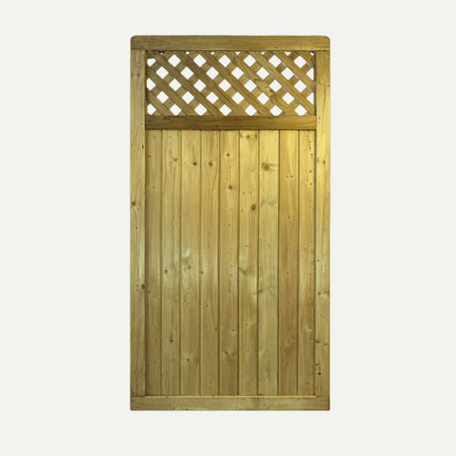 KDM Tongue & Groove Lattice Top Euro-Gate (TGLTG180) features vertical planks in a tongue & groove gate style with a wooden lattice top, shown isolated on a white background.