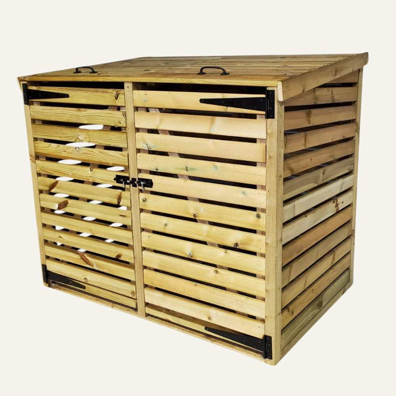 Load image into Gallery viewer, The Bin Store by Bingley Fencing features two slatted front doors and a hinged lid with black metal handles and hinges, crafted from light-colored, pressure-treated timber—ideal for securely storing garden tools or equipment.