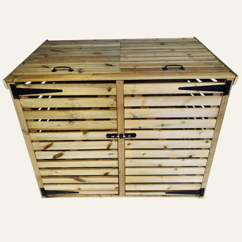 Load image into Gallery viewer, The Bin Store by Bingley Fencing is crafted from pressure-treated timber, featuring a slatted design and a hinged lid. It includes two doors with black metal handles and latches, preserving the woods natural finish.