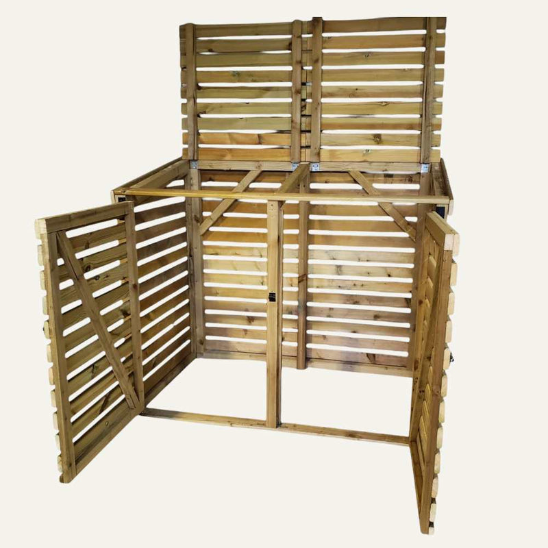 Load image into Gallery viewer, The Bin Store by Bingley Fencing features an open-slat design with two compartments and a hinged lid. Made from pressure-treated timber, the vertical planks allow ventilation for composting. Its available with or without doors, showing its interior space.