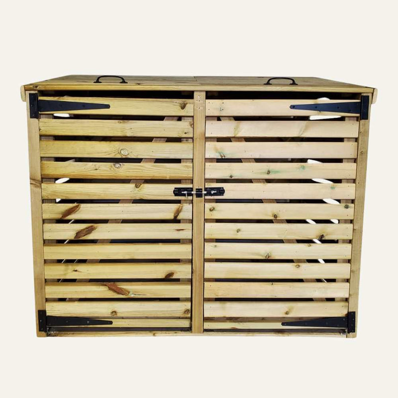 Load image into Gallery viewer, The Bin Store by Bingley Fencing features a hinged lid and optional doors with horizontal slats. Made from pressure-treated timber, it has a flat roof and central latch, with black metal hinges and handles for added sturdiness.