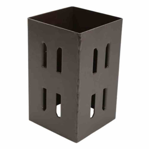 A Bingley Fencing Post Extender, measuring 4" x 4", features a tall rectangular design with vertical slotted cutouts on its sides and a sleek brown finish, standing upright on a white background.