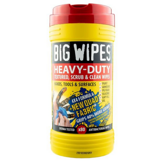 The yellow cylindrical container labeled Big Wipes- Heavy Duty (Tub 80) from Bingley Fencing contains dual-sided wipes specifically crafted to scrub and clean hands, tools, and surfaces. Featuring a 4x4 formula with new quad fabric and antibacterial properties, these wipes effectively remove paint and adhesives. The container includes 80 wipes.