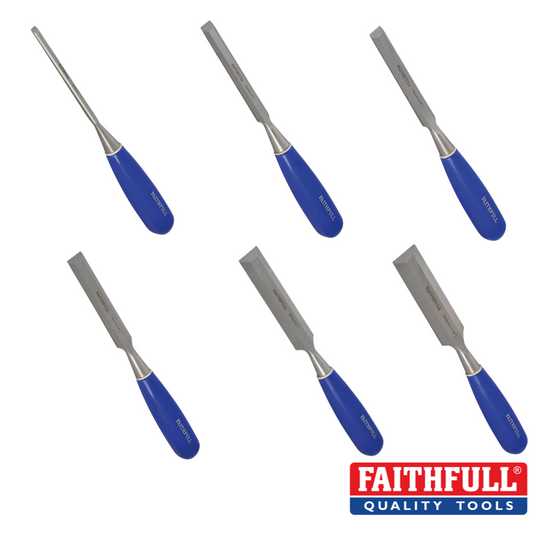 A set of six Faithfull Wood Chisels, made from Chrome-Vanadium steel and equipped with impact-resistant blue handles, is displayed diagonally on a white backdrop. The Faithfull logo is positioned in the bottom right corner.