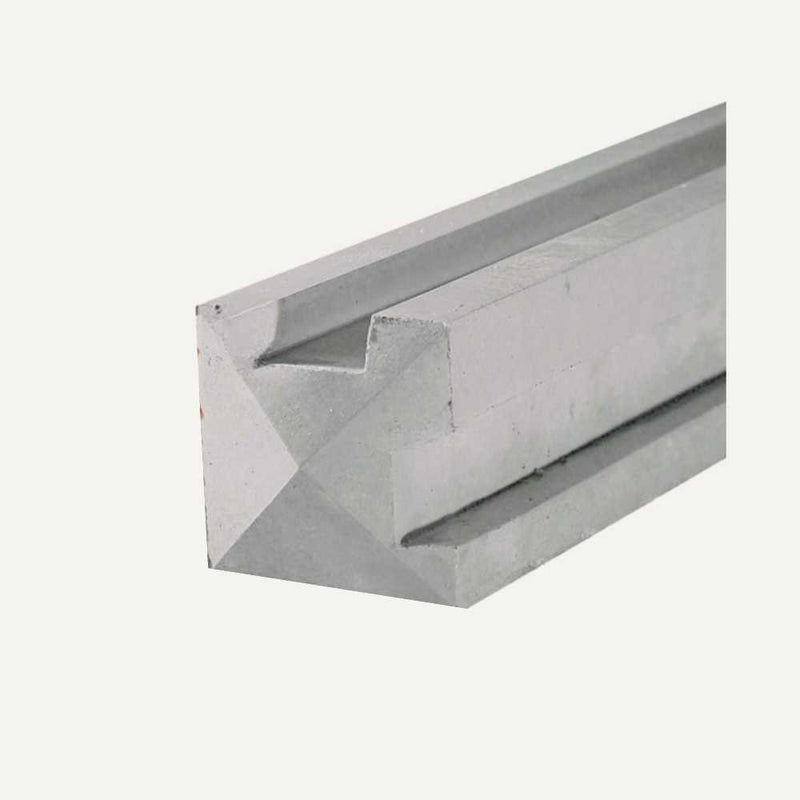 Load image into Gallery viewer, The Concrete Fence Posts - Corner Posts by Bingley Fencing showcase a gray, angular metal piece with a durability reminiscent of concrete. Featuring two grooves along its length and a sharp, triangular end, its smooth metallic surface is designed to withstand high wind areas thanks to its robust construction.