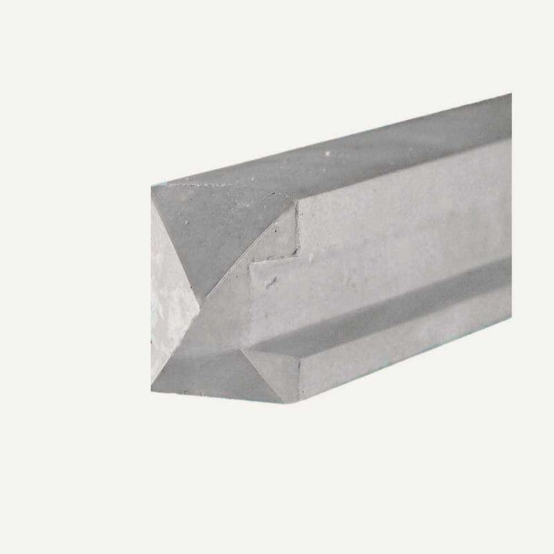Load image into Gallery viewer, A close-up view of the Bingley Fencing "Concrete Fence Posts - End Posts," featuring a long, rectangular gray design with a pointed, pyramid-shaped top. The post showcases smooth sides and sharp edges, standing tall and steady as it complements sleek gravel boards against a plain, light background.