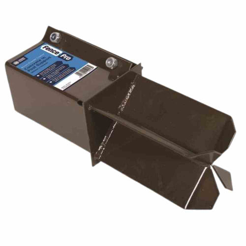 The Henry Shaw Fence Post Support - Concrete In - 3" x 3" in brown features a labeled blue section on top and is crafted for optimal support during fence post installation. It includes an extended handle for easy gripping and has a rectangular opening to fit over posts, making it an indispensable addition to your ground support fixings toolkit.