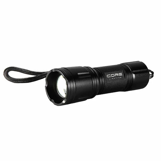 The Core Lighting Torch CL80 by Core is a black EDC LED torch featuring a textured grip and a wrist strap. It utilizes an efficient slide focusing system and emits 80 lumens, perfect for illuminating dark areas. The word "CORE" is prominently displayed in white letters on its side. The flashlight is shown at a slight angle to the left against a white background.