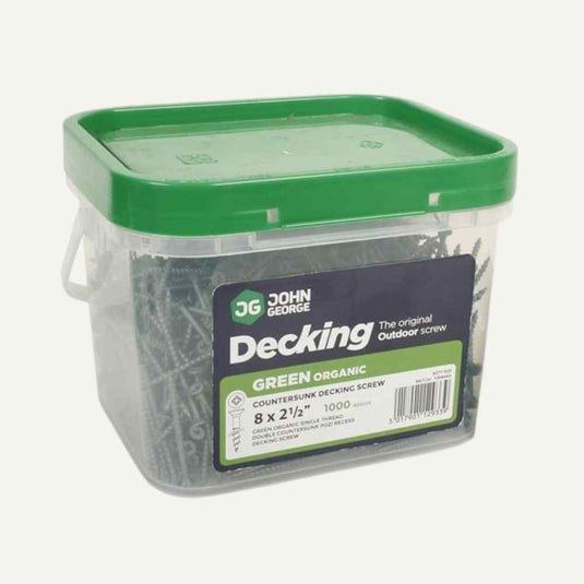 Container of John George decking screws with green lid on a white background