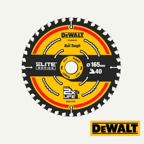 DEWALT ELITE 165mm Circular Saw Blades 40T featuring forty teeth and a yellow and black finish labeled as nail tough.