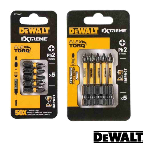 Two yellow/black Dewalt Extreme FlexTORQ PH2 packs—each with 5 screwdriver bits (one 25mm, one 57mm). Packs display the Dewalt logo at bottom right.