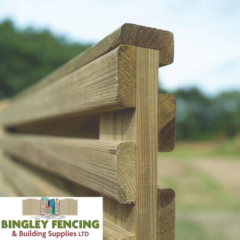 Load image into Gallery viewer, A close-up features interlocking wooden fencing complemented by a heavy-duty Double Sided Slatted Privacy Gate - SDSG180 by KDM, with Bingley Fencing & Building Supplies LTDs logo in the bottom left corner.