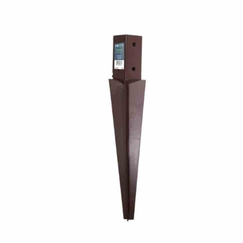 The Henry Shaw Fence Post Support - Drive in Spikes features a brown metal post anchor with a square receptacle at the top, specifically designed for securing wooden posts. Ideal for sturdy fence spike installations, this support includes pre-drilled holes for easy and reliable fastening.