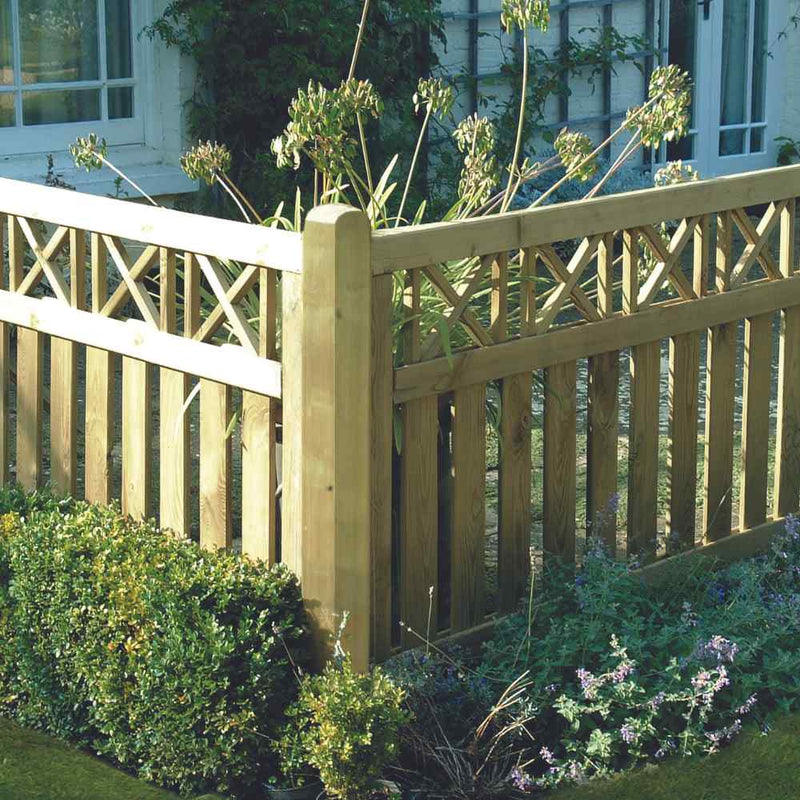 Load image into Gallery viewer, The KDM Elite Cross Top Border Deck Panel (ECT90), made from tanalised softwood with a lattice design, stands surrounded by lush plants and flowers. The decorative top adds charm near a windowed building.