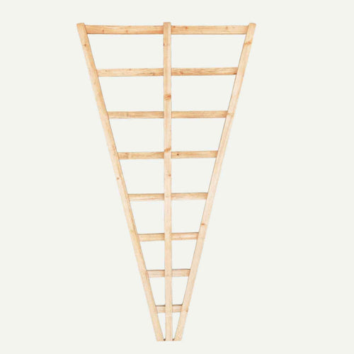 The Bingley Fencing Fan Trellis - 6ft Tall features outward-angled wooden sides, creating a fan shape that's ideal for supporting climbing plants, shown here against a plain white background.