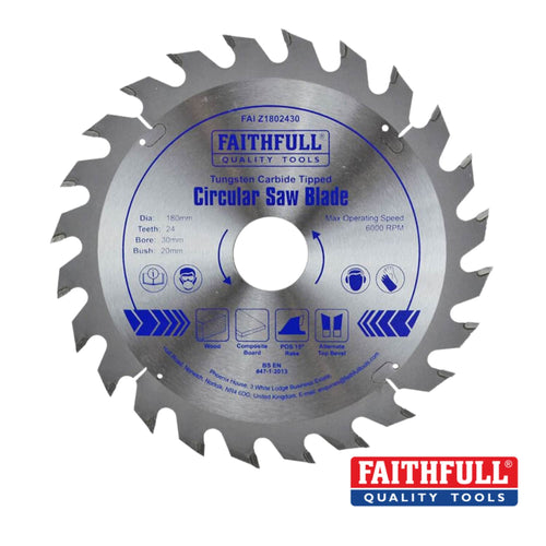 Faithfull TCT Circular Saw Blades β Various Sizes & Teeth, manufactured by Faithfull, are engineered for precise timber cutting. Each blade features tungsten carbide tipped edges and has key specifications along with safety icons clearly printed on the blade surface. The Faithfull logo appears in the bottom right corner.