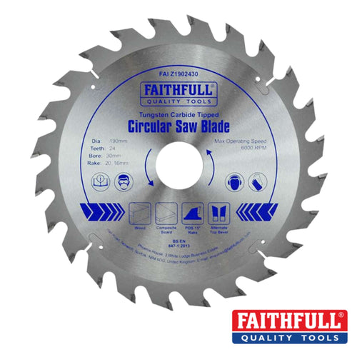 The Faithfull TCT Circular Saw Blade, available in various sizes and teeth configurations, is engineered for efficient timber cutting. It features tungsten carbide tipped teeth for durability and sharpness, with specifications clearly printed on its surface and the distinctive red Faithfull logo in the bottom right corner.