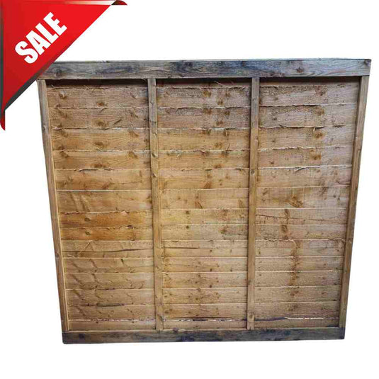 A Reduced Bingley Fencing Overlap Fence Panel by Bingley Fencing with a weathered finish, shown from the back. A red SALE banner appears in the top left corner.