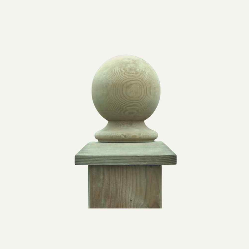 Load image into Gallery viewer, Displayed against a plain white background is the KDM "Fence & Baluster Top - Round Style," featuring a smooth, round decorative finial on top. The visible wood grain adds to its natural charm, typically seen atop garden fences.