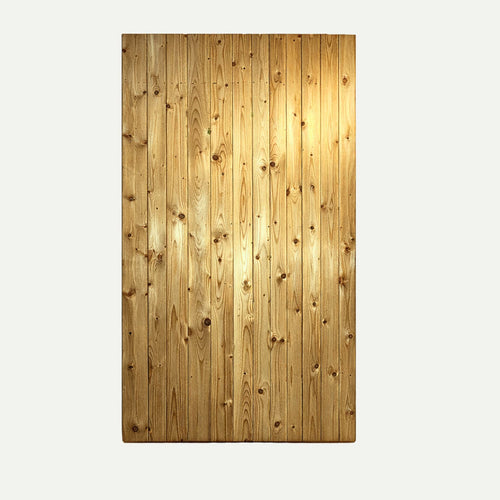 The KDM Tongue & Groove (Flat) Euro-Gate - FTG180 is a rectangular wooden gate with vertical planks in a tongue & groove style, showcasing visible wood grain and knots against a plain white background.