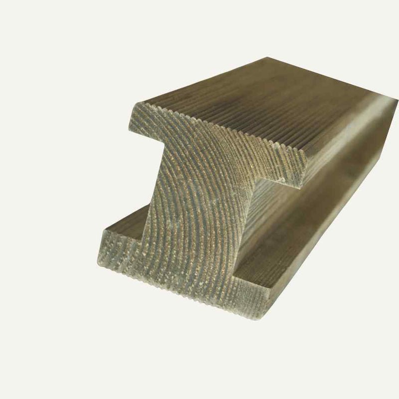 Load image into Gallery viewer, Close-up of a KDM Smooth Planed H Fence Post 4 x 4 (100mm x 100mm) with textured surface against light gray background, reminiscent of tanalised posts. The cross-section shows rectangular ridges and smooth edges, highlighting the grain pattern.
