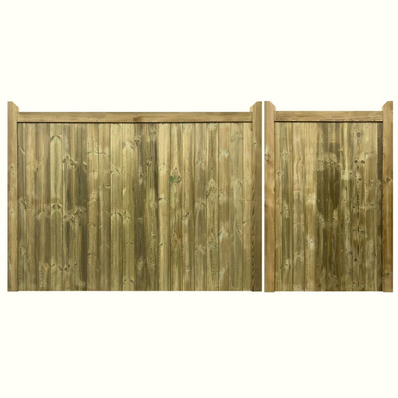 Load image into Gallery viewer, Two vertical Highampton Mortise and Tenon T&G Entrance Gates (by Charlton) side by side, the right one slightly shorter than the left, both made from pressure treated Scandinavian redwood.