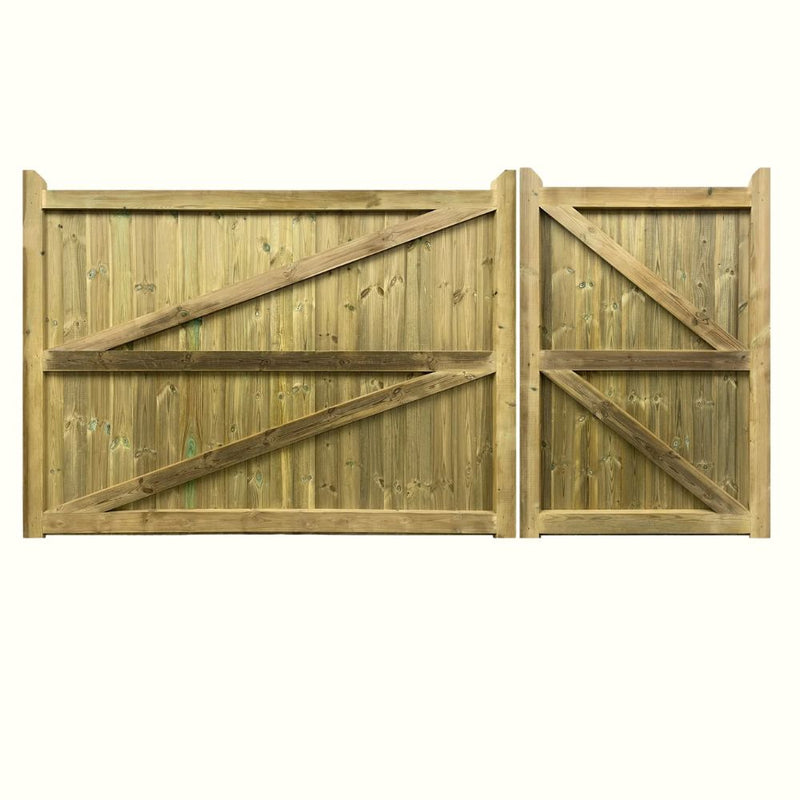Load image into Gallery viewer, Charlton Highampton Mortise and Tenon T&G Entrance Gate (Pair) features vertical panels, diagonal support, and pressure treated Scandinavian redwood in light brown—perfect as secure driveway gates. Shown against a plain white background.