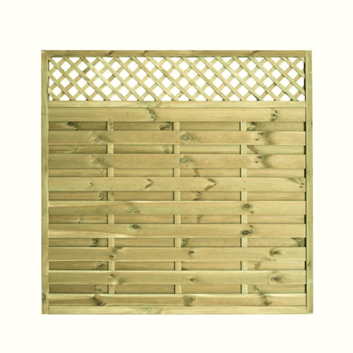 The KDM Horizontal Lattice Top Fence Panel (HLT) is made from pressure treated timber, with horizontal planks and a decorative lattice top, shown against a plain background.