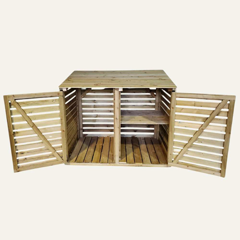 Load image into Gallery viewer, The Log Stores by Bingley Fencing features slatted doors and two compartments. Made from tanalised timber, it includes a shelf in one section. This simple, functional design is ideal for outdoor use and perfect for Bingley Fencing setups or storing logs.