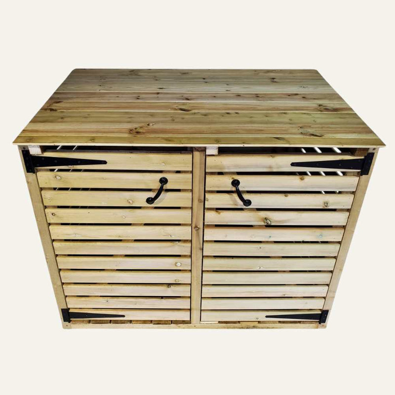 Load image into Gallery viewer, The Log Stores by Bingley Fencing features a wooden storage cabinet crafted from tanalised timbers with a rustic finish. It has two doors with black handles and hinges, horizontal slats, and a flat top surface suitable for extra storage or display.