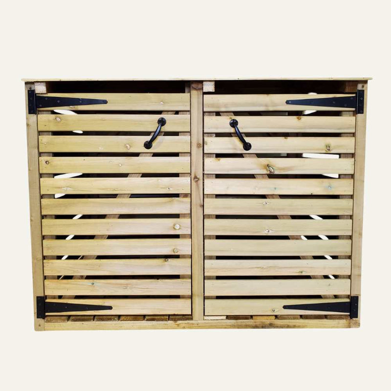 Load image into Gallery viewer, The Log Stores by Bingley Fencing is a wooden storage unit with two hinged doors, horizontal slats, and black metal handles and hinges. Made from tanalised timbers with a natural finish, it offers a rustic charm ideal for fans of Bingley Fencing.