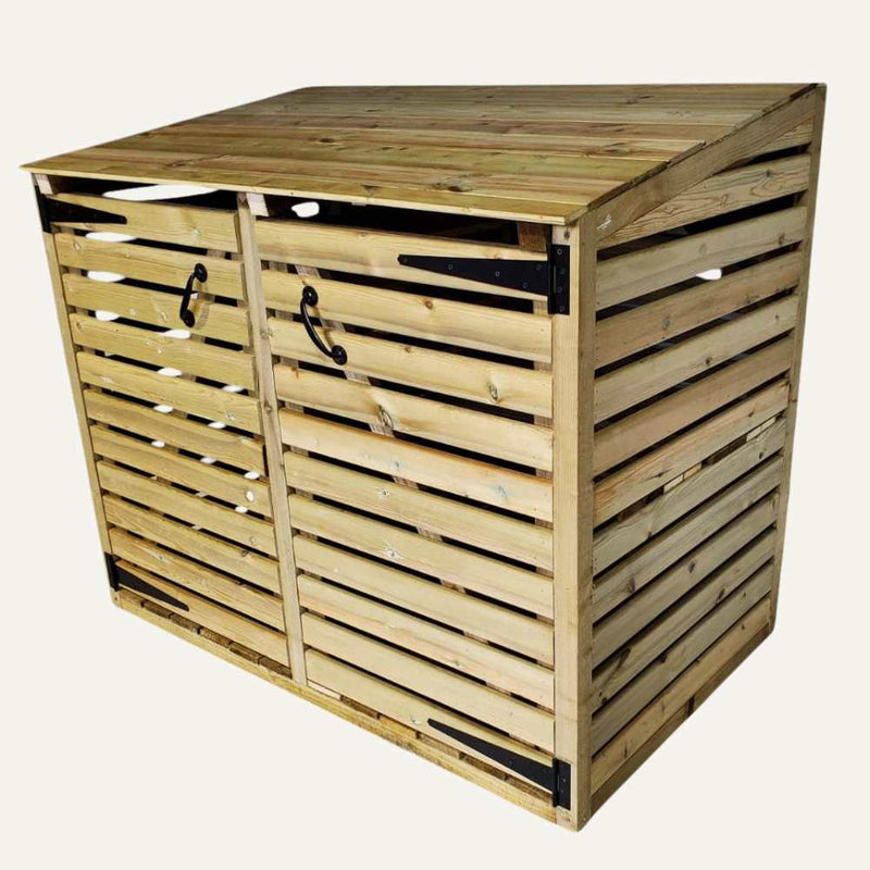 Load image into Gallery viewer, The Log Stores by Bingley Fencing outdoor storage shed, made from tanalised timber, features slatted panels, two doors with black metal handles and hinges. The light-colored wood flat roof offers a stylish and durable design.