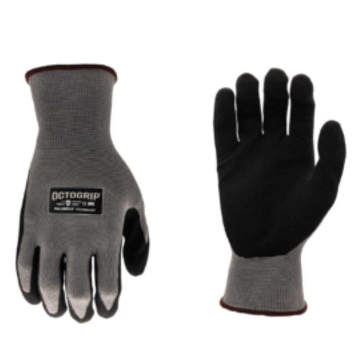A pair of high-performance construction gloves is displayed. One glove showcases the “Octogrip” label by Bingley Fencing on the back, featuring a gray fabric upper with a breathable nitrile palm. The other glove, shown palm side up, emphasizes its textured grip and robust polyester liner design.