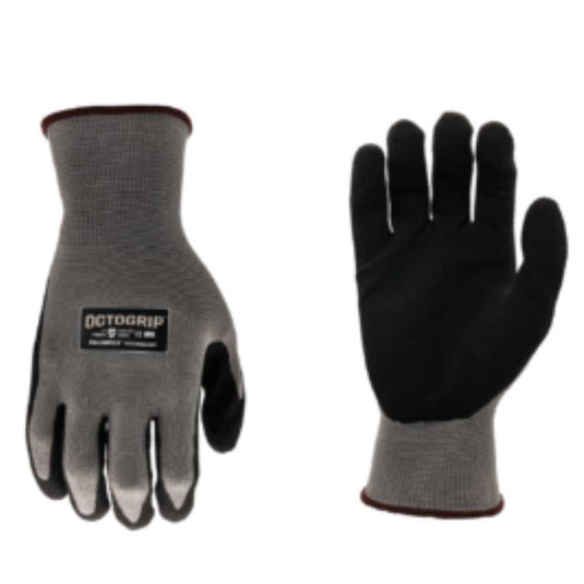 A pair of high-performance construction gloves is displayed. One glove showcases the "Octogrip" label by Bingley Fencing on the back, featuring a gray fabric upper with a breathable nitrile palm. The other glove, shown palm side up, emphasizes its textured grip and robust polyester liner design.