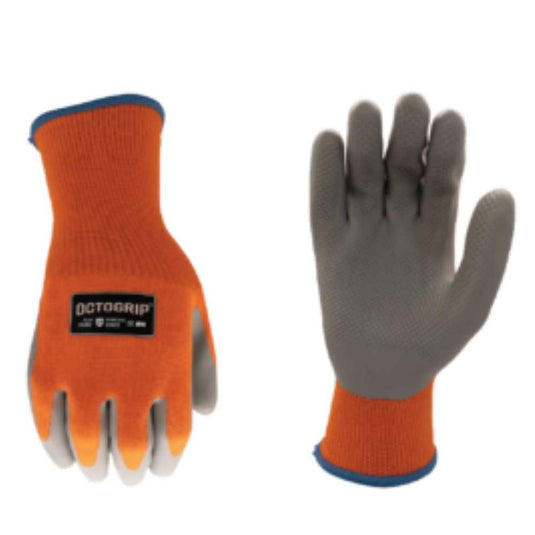 The Bingley Fencing Octogrip- OG451 Winter Gloves are showcased in orange and gray, featuring an Eco-Latex palm for enhanced grip. One glove is positioned palm up while the other displays the brand name, Octogrip, on its back. The Hi-Visibility orange liner helps keep these indispensable winter work gloves within sight at all times.