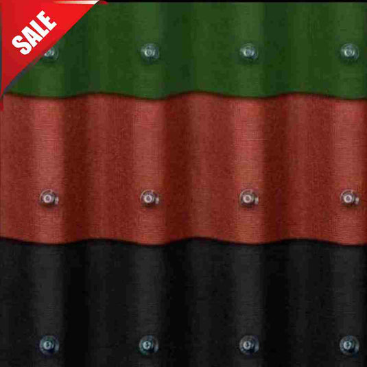 The Onduline Reduced Corrugated Composite Bitumen Roof Sheets in 3 colours—green, red, black stripes with bolt details—feature a red 'SALE' triangle. Perfect for shed roof repairs. Brand: Onduline.