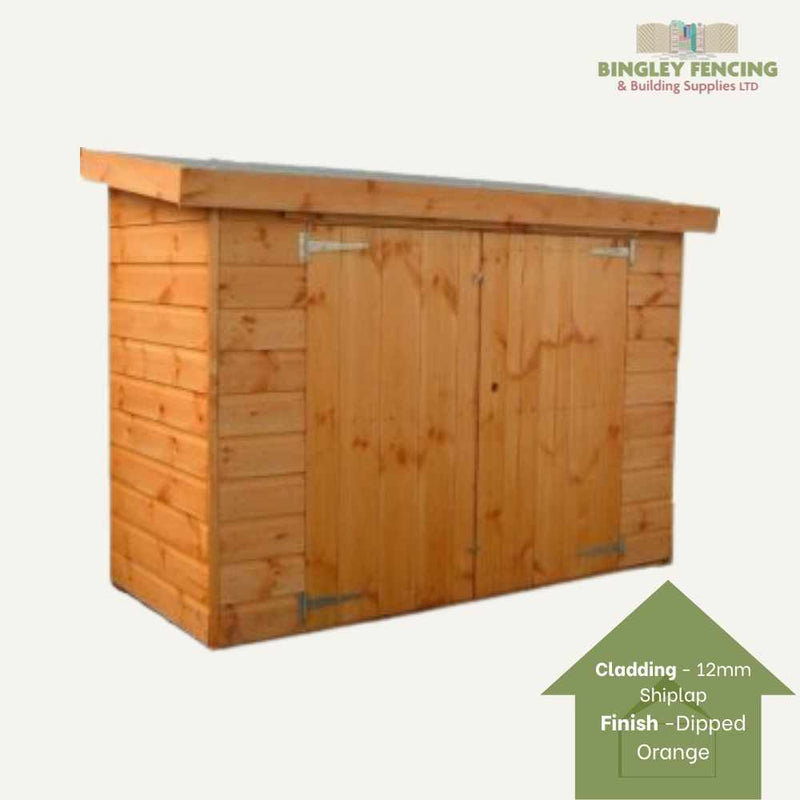 Load image into Gallery viewer, The Wooden Garden Storage with Locks, featuring a dipped orange finish and crafted from 12mm shiplap cladding, is perfect for tool storage. With its two doors, it helps keep your garden tidy. The Bingley Fencing logo is prominently displayed in the top right corner.
