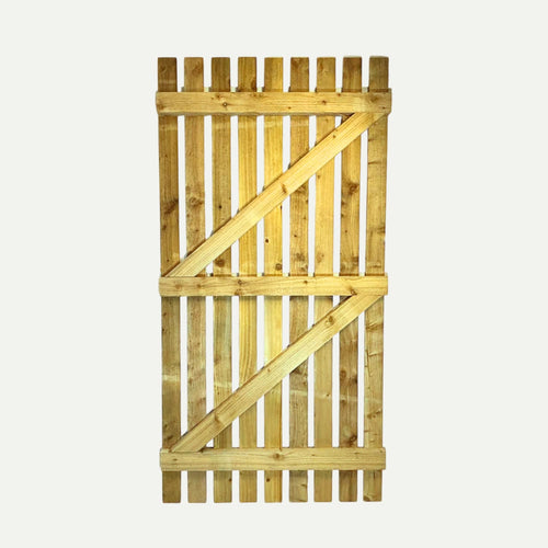 The Bingley Fencing Paling Gates Single Sided 2" Gaps, available in Flat Top and Arched Top styles, feature vertical slats with strong supports for a rustic, sturdy, and inviting garden entrance.