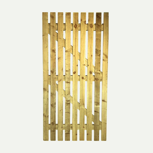A Bingley Fencing Paling Gates Single Sided 2" Gaps (Flat Top & Arched Top) stands upright against a plain white background, showcasing visible timber knots and grain, similar to pressure treated gate wood.
