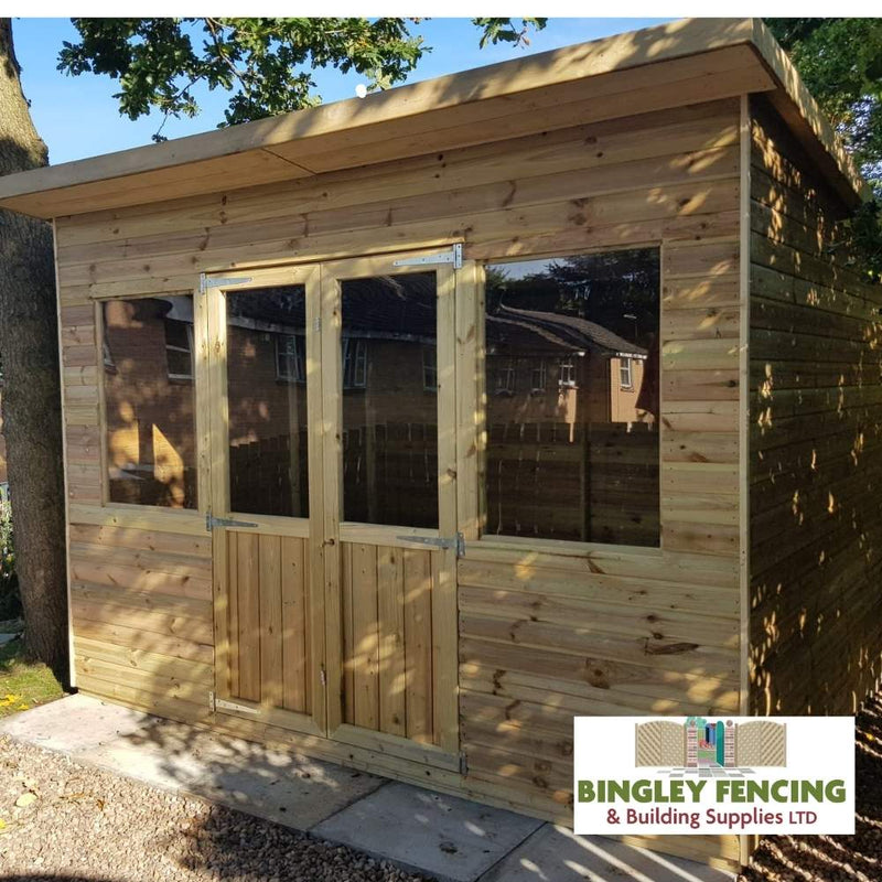 Load image into Gallery viewer, The Pent Summerhouse by Bingley Fencing is a delightful wooden garden shed featuring glass doors and windows, set on a solid concrete pad. Surrounded by trees, this custom-built summerhouse proudly displays the Bingley Fencing & Building Supplies Ltd logo in the corner and comes with flexible payment plan options.