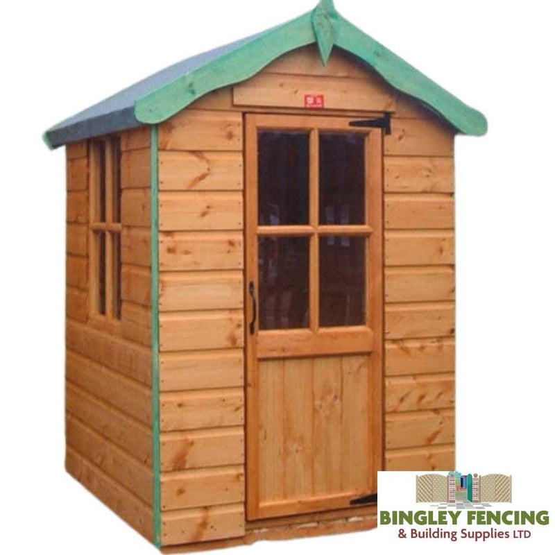 Load image into Gallery viewer, Introducing the Pixie Den Kids Playhouse, a charming small wooden shed crafted as a children's playhouse. It includes a door and window, complemented by a green roof and trim. In the corner, the Bingley Fencing logo is displayed, guaranteeing child-friendly preservatives for safe outdoor fun.