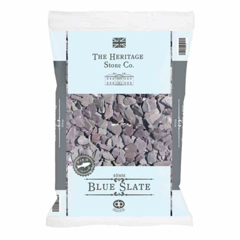 Load image into Gallery viewer, A 20kg bag of 40mm Blue Slate from The Heritage Stone Company is ideal for adding a decorative touch to your garden. It comes with a light blue label showcasing images of slate pieces and detailed product information, providing a stylish way to include garden slate in your outdoor space.