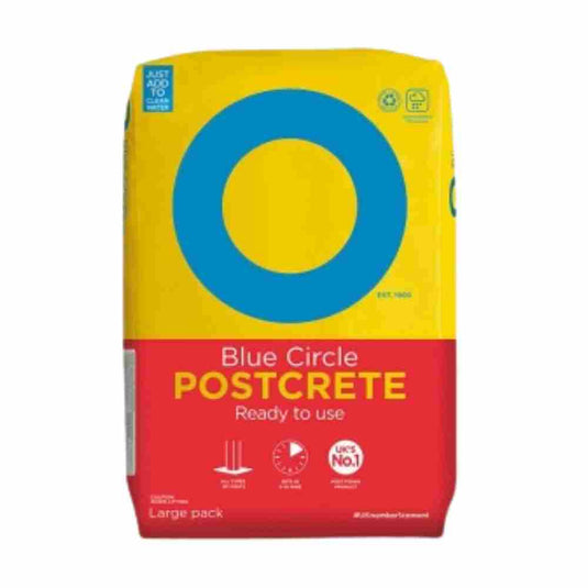 The Blue Circle - Post Mix 20kg Bag is designed with a striking yellow and red exterior, featuring a prominent blue circle. The packaging emphasizes that it is "Ready-to-use" and ideal for fence posts, with icons illustrating its easy application and fast setting capabilities to meet your post mix requirements.
