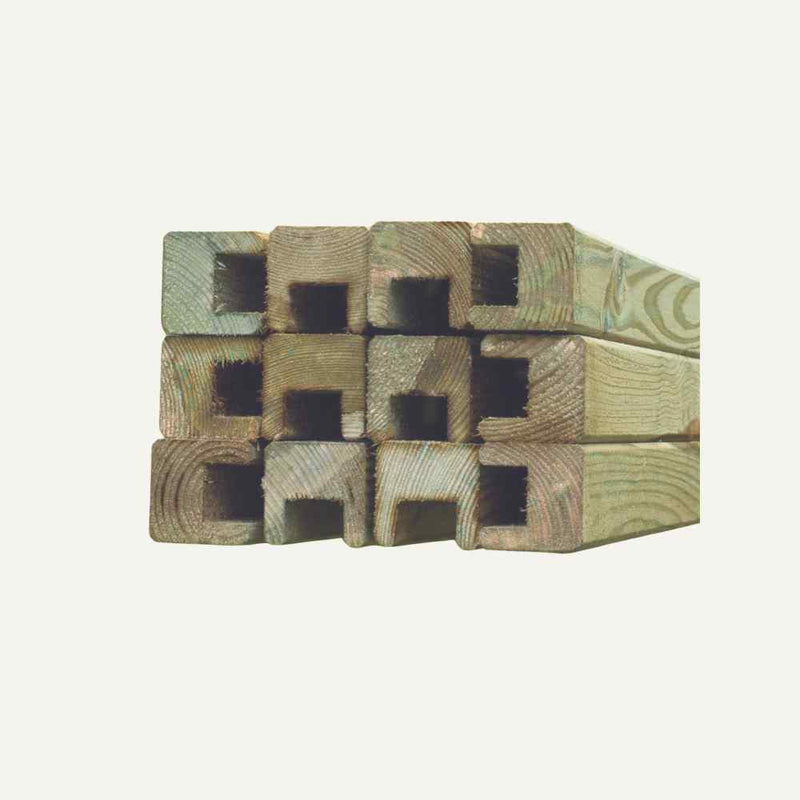 Load image into Gallery viewer, A three-by-three grid arrangement showcases nine KDM Fence Panel Repair Kit Framings featuring square hollow centers, highlighting the greenish hue of pressure-treated wood against a plain white background.